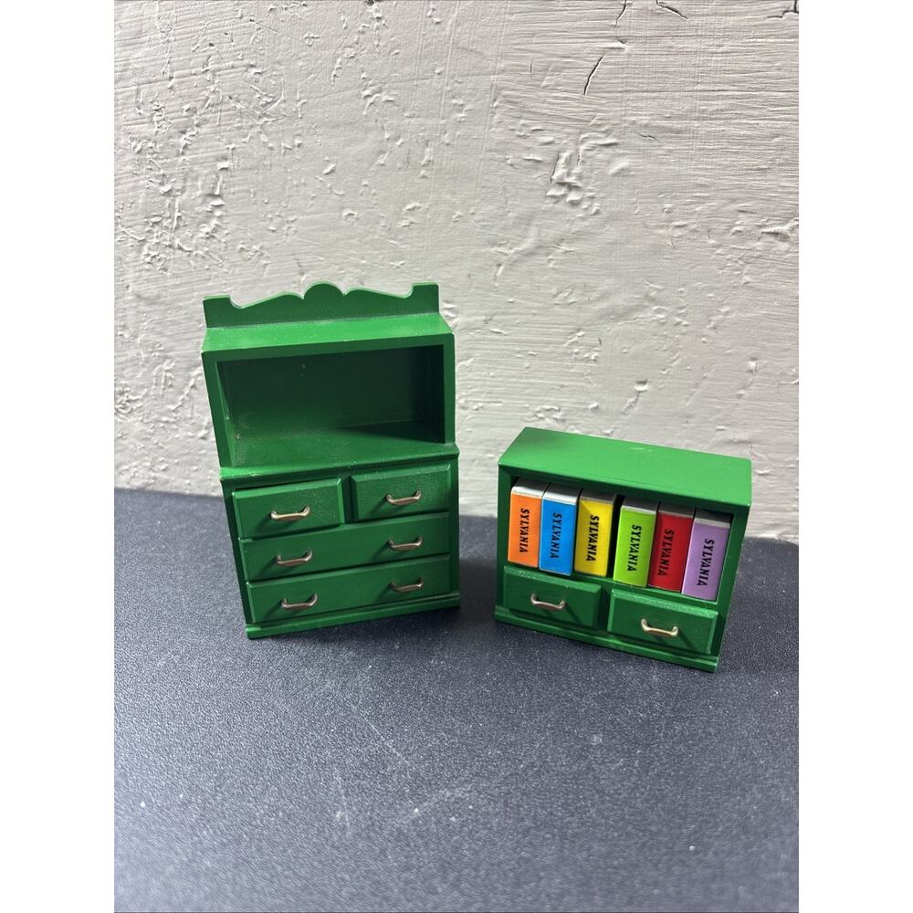 2 Vtg Sylvanian Families Green Epoch Bookcase Shelf Drawers 6 Book Toy Furniture
